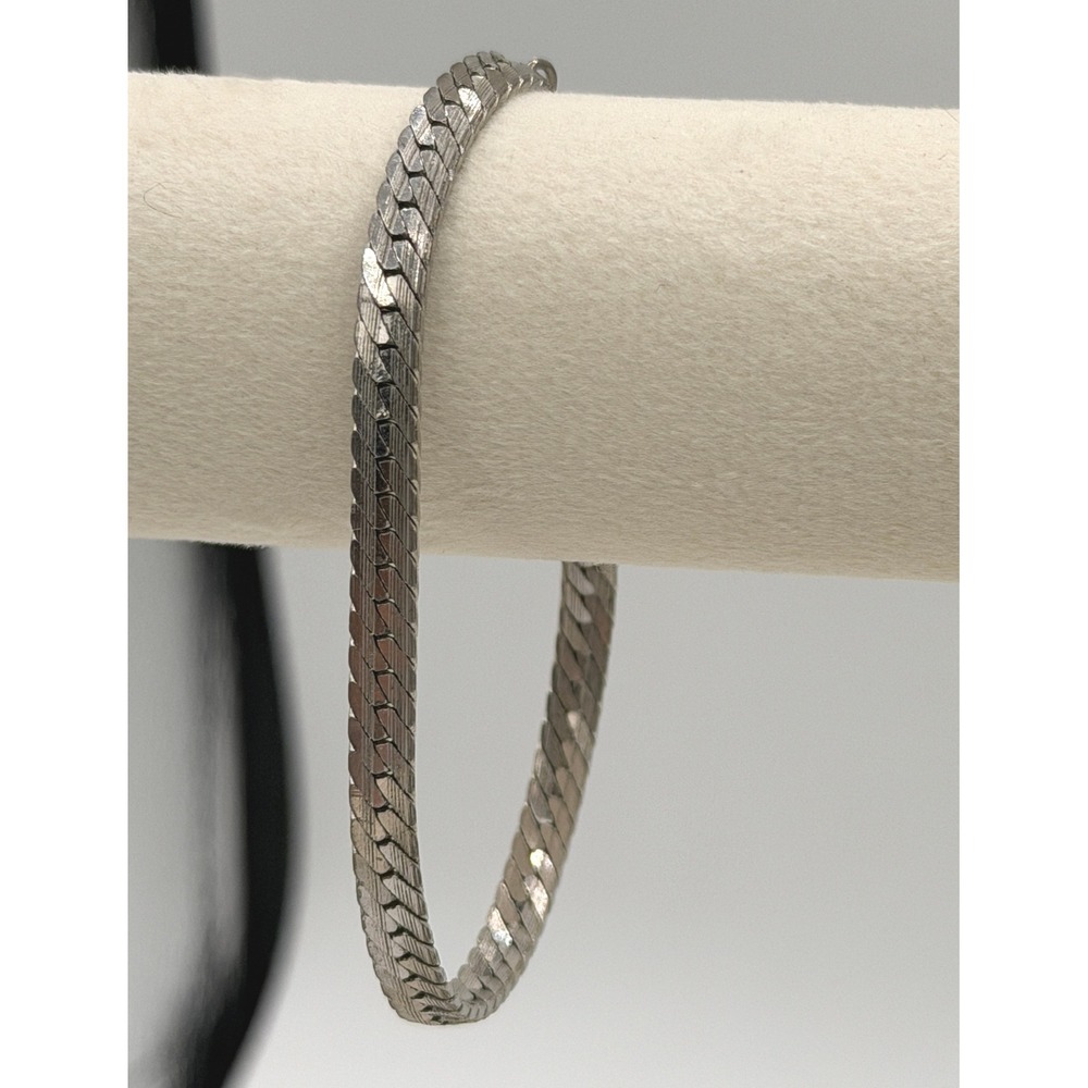 Merlite Vintage Silver Tone Herringbone Flat Chain Bracelet Minimalist 7.25"
